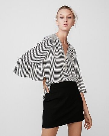 Striped Zip-front Ruffle Sleeve Popover Top | Express