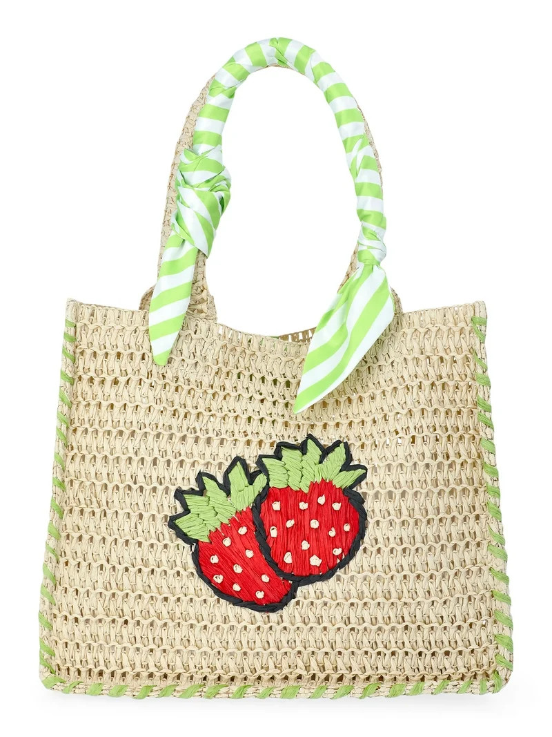 No Boundaries Women's Beach Icons Mini Straw Tote Bag, Natural with Strawberry Embroidery | Walmart (US)