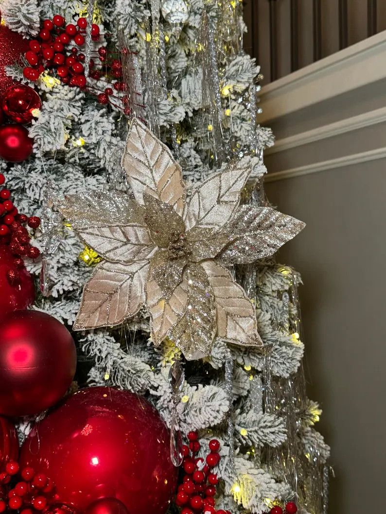 Champagne Glittered Poinsettia Christmas Stem Spray 13'' Set of 3 - Etsy | Etsy (US)
