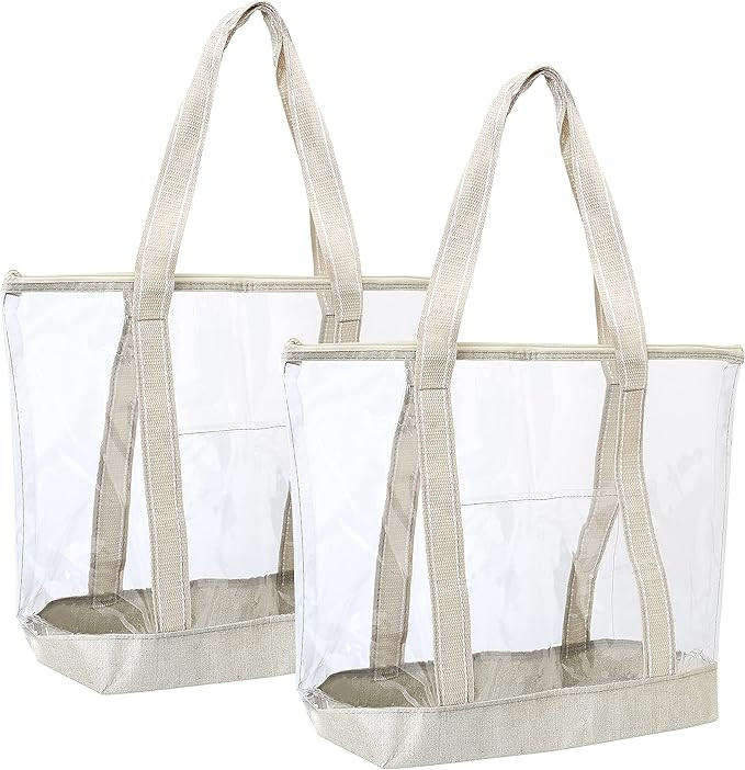 VENO 2 Packs Clear Bag Transparent Vinyl PVC Tote, Stadium, Outdoor, Beach, Pool (Set of 2, Beige... | Amazon (US)