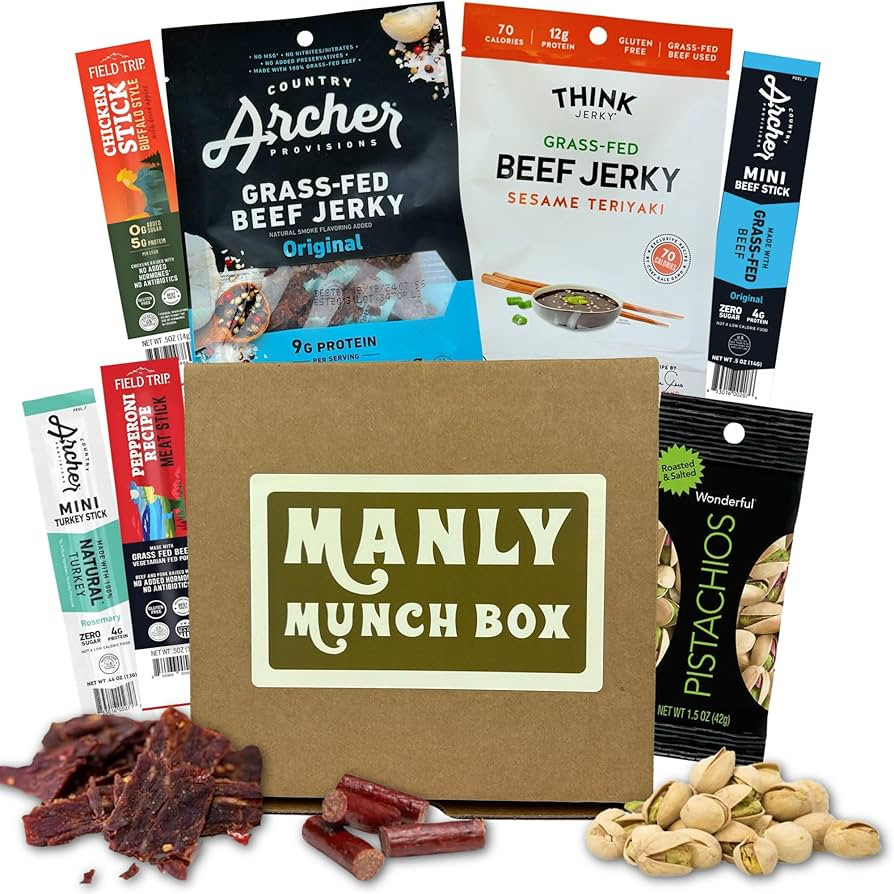 Manly Munch Box Jerky Gift Box, Curated Assortment of High Protein Snacks, Beef & Turkey Jerky Va... | Amazon (US)