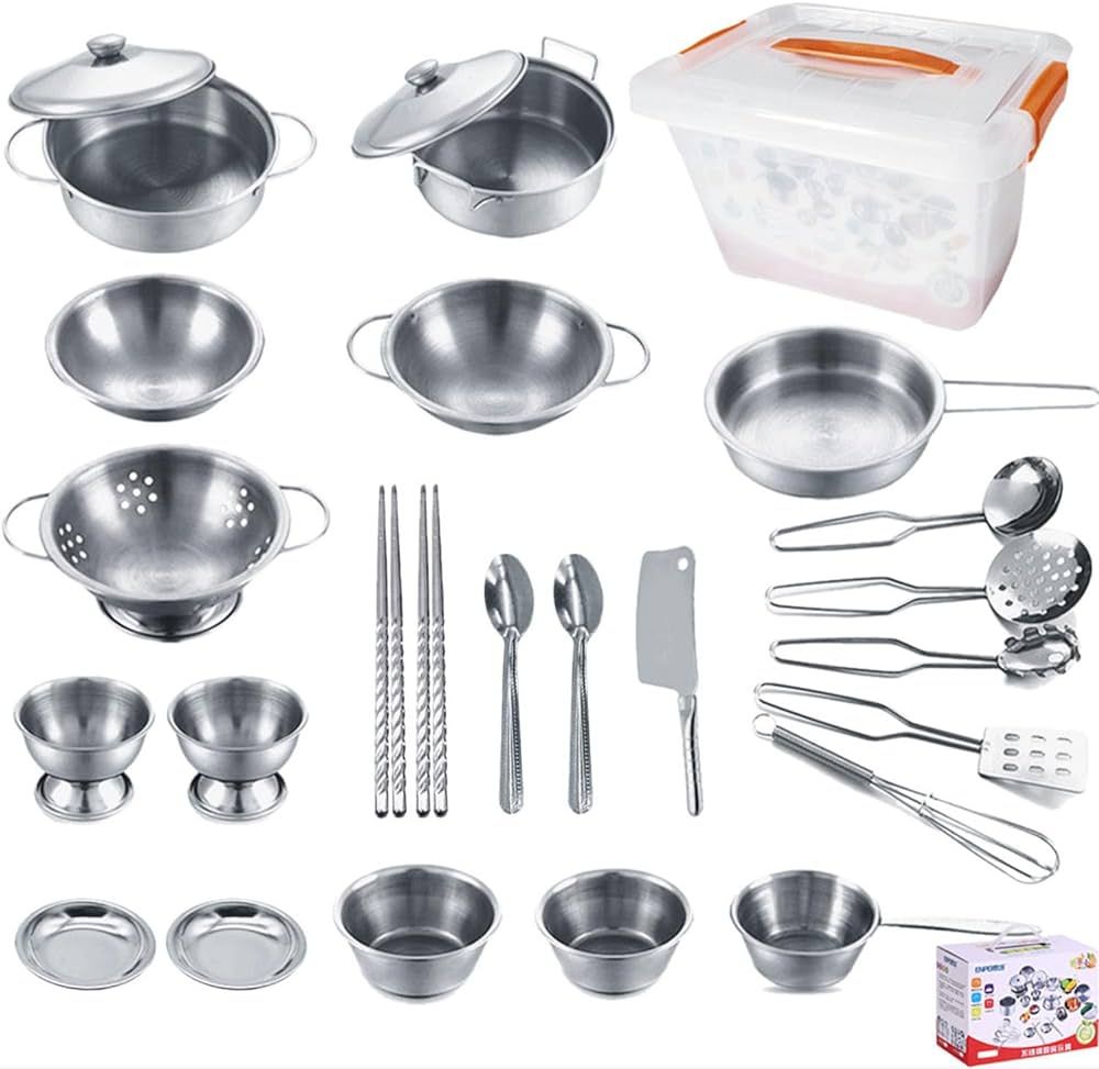 Stainless Steel Kitchen Toys Cooking Utensils Set-Pretend Play Pots Pans Toy Cookware Kits for Ki... | Amazon (US)