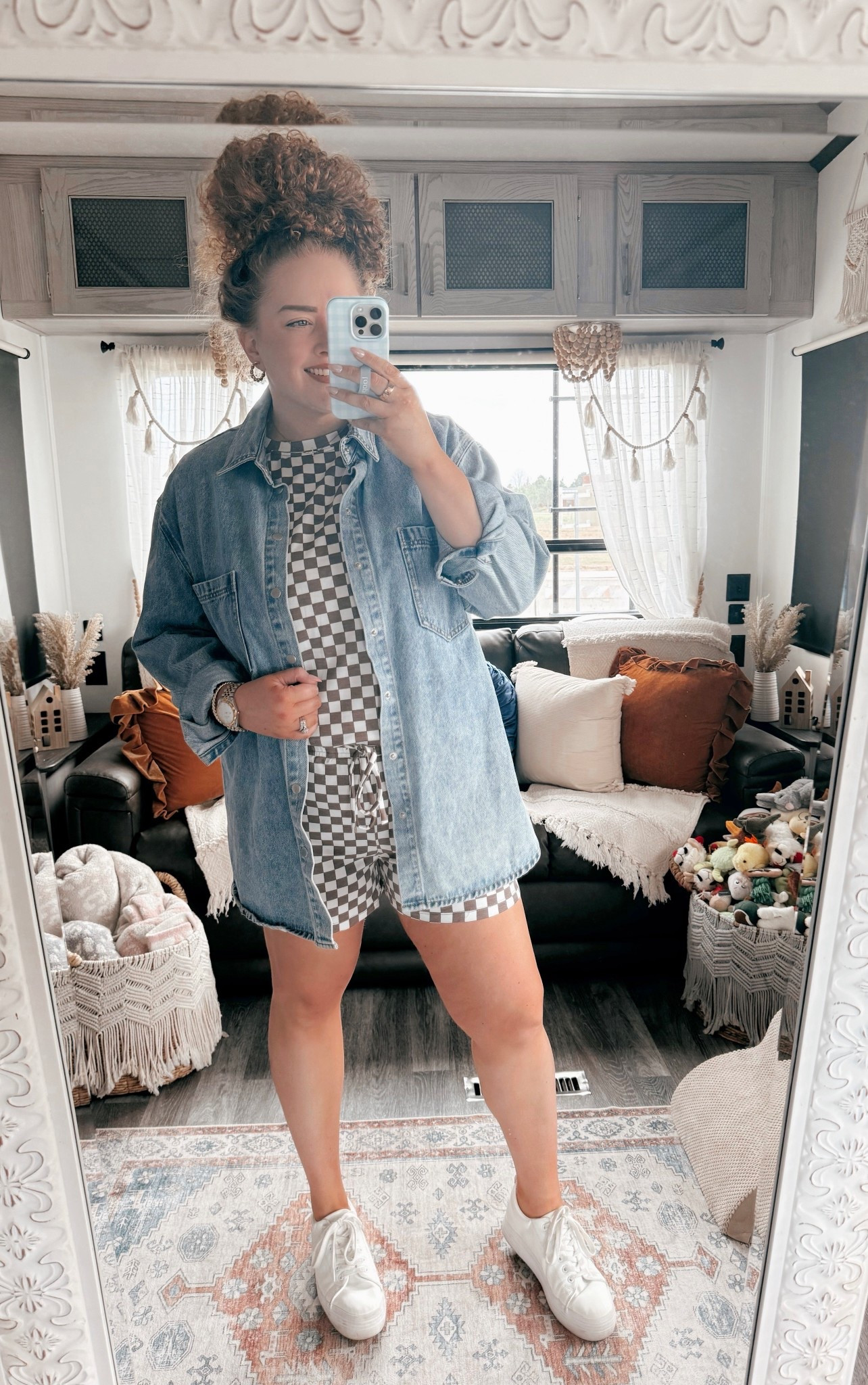 This set is such an easy everyday outfit and I love how adding an oversized denim shacket instantly makes it feel more styled without any effort 😌 It’s comfy enough for all day wear but still looks like you actually tried, especially with the white platform sneakers to finish it off🤍  brown checkered two piece set | matching set outfit | casual everyday outfit | oversized denim shacket outfit | layered street style outfit | comfy chic outfit idea | relaxed fit lounge set | white platform sneakers outfit | everyday sneaker look | neutral casual outfit | amazon fashion finds | affordable outfit inspo | cozy casual style | fall inspired outfit | transitional weather outfit | laid back street style | easy throw on outfit | weekend casual outfit | soft neutral outfit | effortless outfit idea

#LTKdayinmylife #LTKootd #LTKMidsize