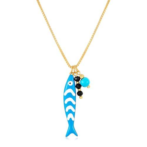 FILMOON Blue Fish Necklace For Women Enamel Fish Pendant Beaded Crystal Charm Necklace 14K Gold Plated Dainty Adjustable Summer Beach Jewelry | Amazon (US)
