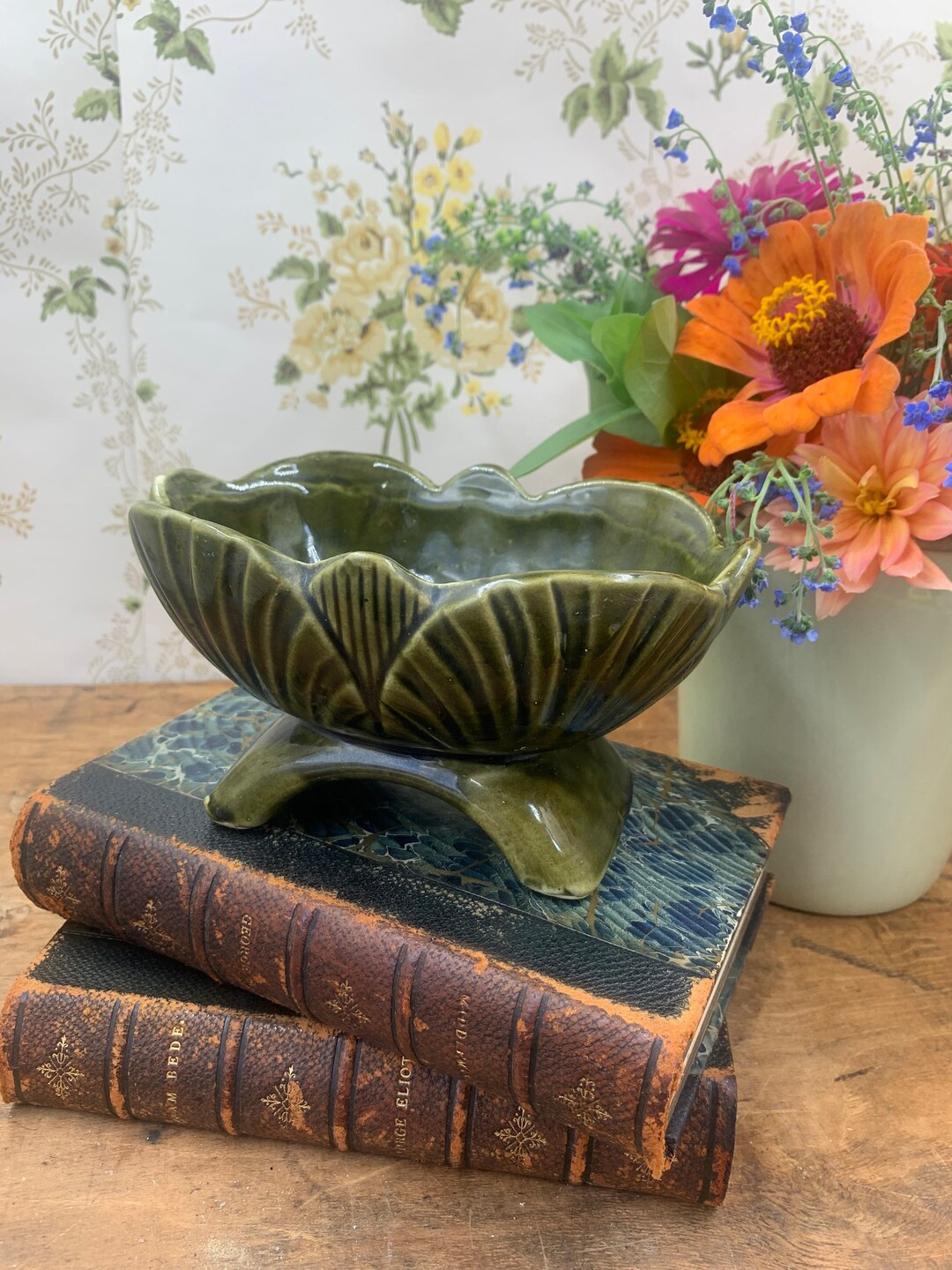 Hulls Vintage Green Fancy Oval Pedestal Ceramic Planter W/leaf Motif 3.5 X 6 X 4 - Etsy | Etsy (US)