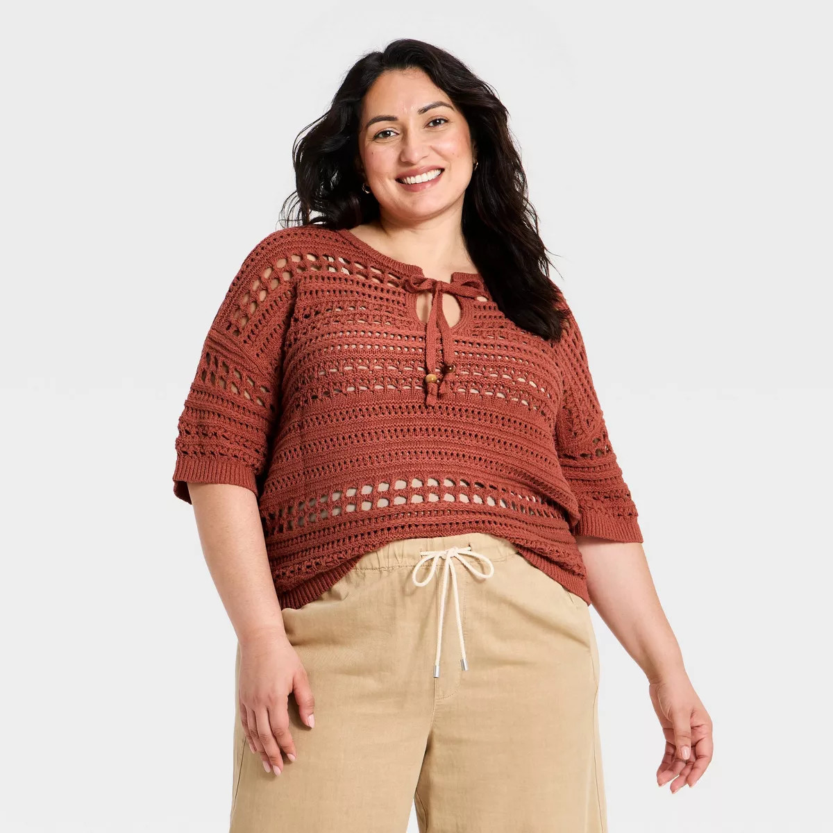 Women's Short Sleeve Keyhole Neck Pullover Sweater - Universal Thread™ Orange 2X | Target