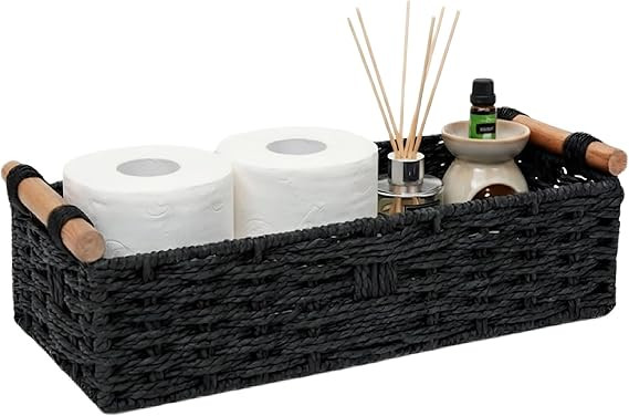 Back of Toilet Basket, Black Wicker Toilet Tank Basket for Toilet Paper Storage, Basket for Toile... | Amazon (US)