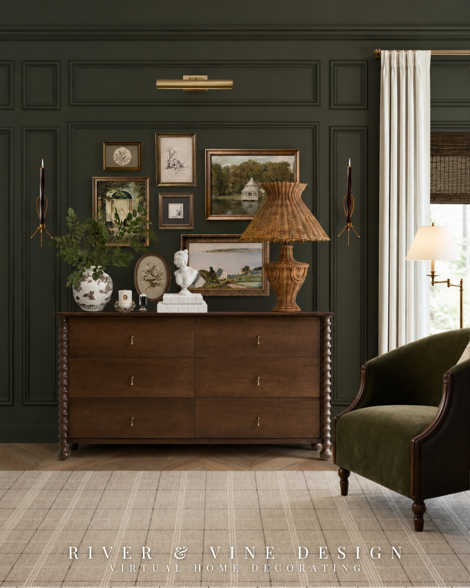 Ralph Lauren brought the olive walls, dark wood dresser, and leather-trimmed velvet chair. Nancy Meyers arrived with the wicker lamp, fresh branches, and enough framed art to give every wall a personal history. Somehow, they were both right.

This side of the bedroom balances handsome furniture with softer, more nostalgic details. The substantial dresser anchors the gallery wall, while the woven lamp, vintage-inspired artwork, sculptural accents, and warm brass lighting keep the display from feeling too formal—or like the dresser was styled in five minutes before company arrived.

Ralph Lauren inspired decor, Nancy Meyers interiors, olive green bedroom, traditional wood dresser, bedroom gallery wall, wicker table lamp, green velvet chair, collected traditional decor

I may receive a commission from purchases made through my links. 

 #LTKHome