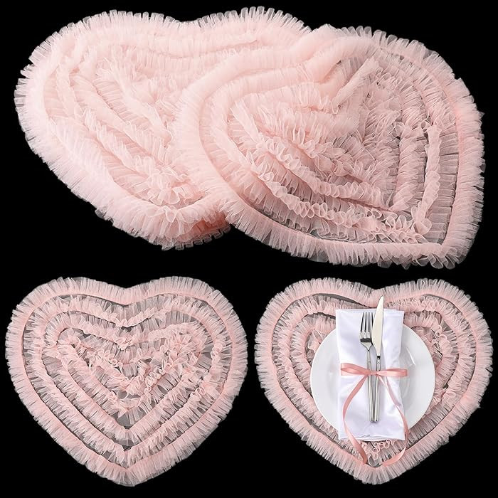 LemonRoad 4 Pcs 16.5 Inch Pink Ruffle Placemats Valentine's Day Heart Shaped Place Mats Resistant... | Amazon (US)