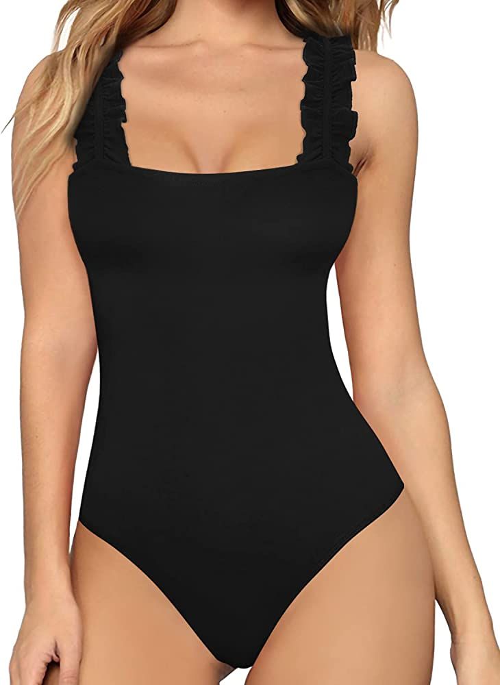 MANGOPOP Square Neck Ruffle Strap Stretchy Tank Tops Bodysuit for Women | Amazon (US)