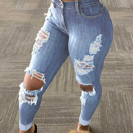 Wandatree Distressed Jeans for Women High Waist Casual Solid Color Ripped Skinny Denim Pants with Po | Walmart (US)