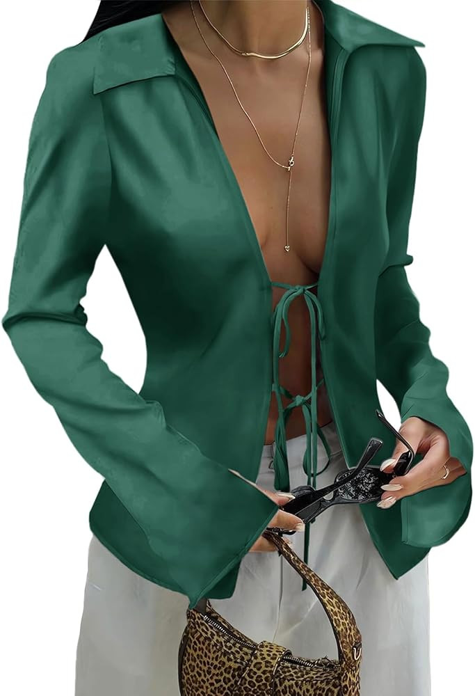 Cicy Bell Womens Sexy Tie Front Satin Shirts Deep V Neck Silk Club Tops Long Sleeve Y2k Going Out... | Amazon (US)
