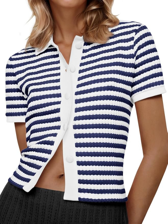Saodimallsu Womens Striped Short Sleeve Sweater Tops Polo Collared Button Crochet Summer Cropped ... | Amazon (US)