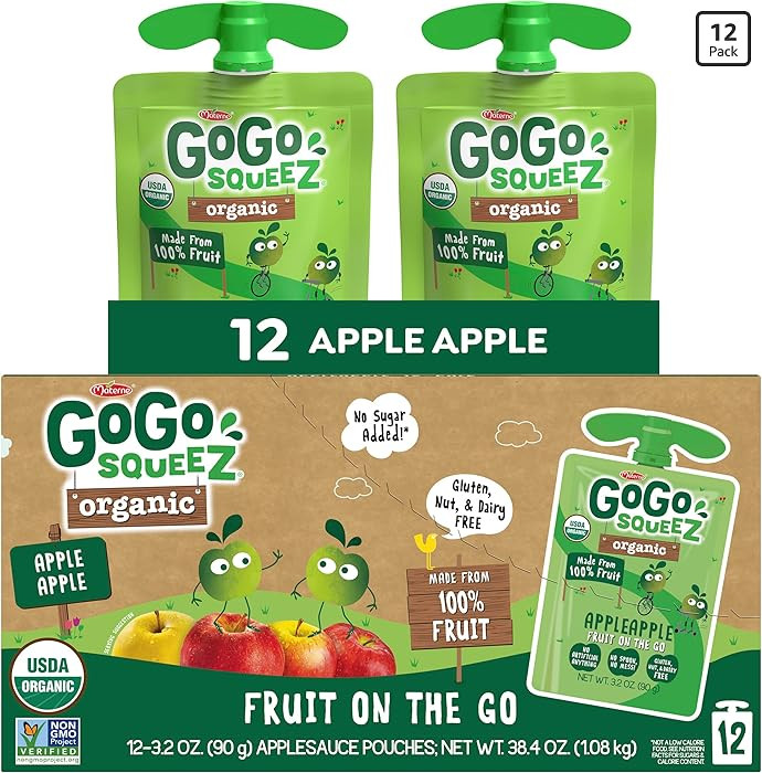 GoGo squeeZ Organic Applesauce and Fruit Puree, Apple Apple, 3.2 oz (Pack of 12), Unsweetened Org... | Amazon (US)