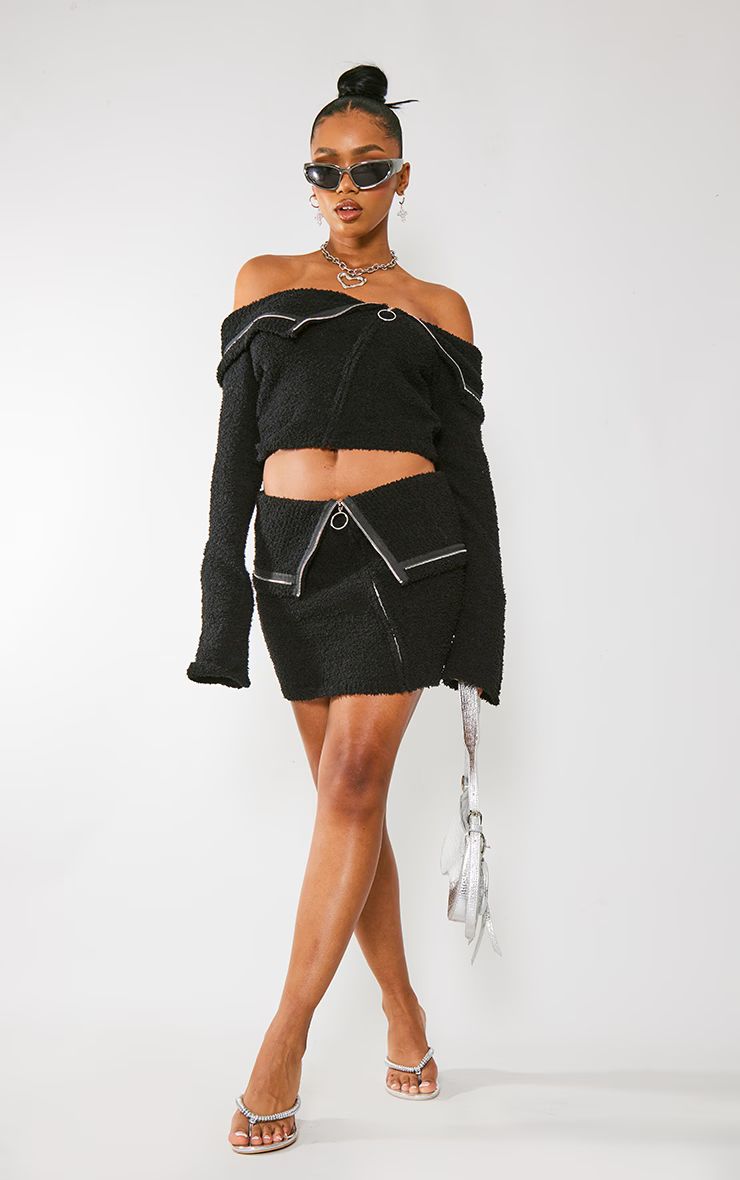 Black Fluffy Knit Fold Over Zipped Mini Skirt | PrettyLittleThing US