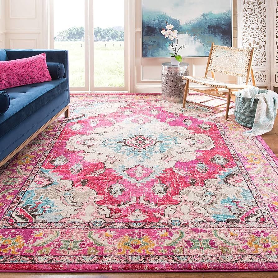 SAFAVIEH Monaco Collection Area Rug - 5' Square, Pink & Multi, Boho Chic Medallion Distressed Des... | Amazon (US)