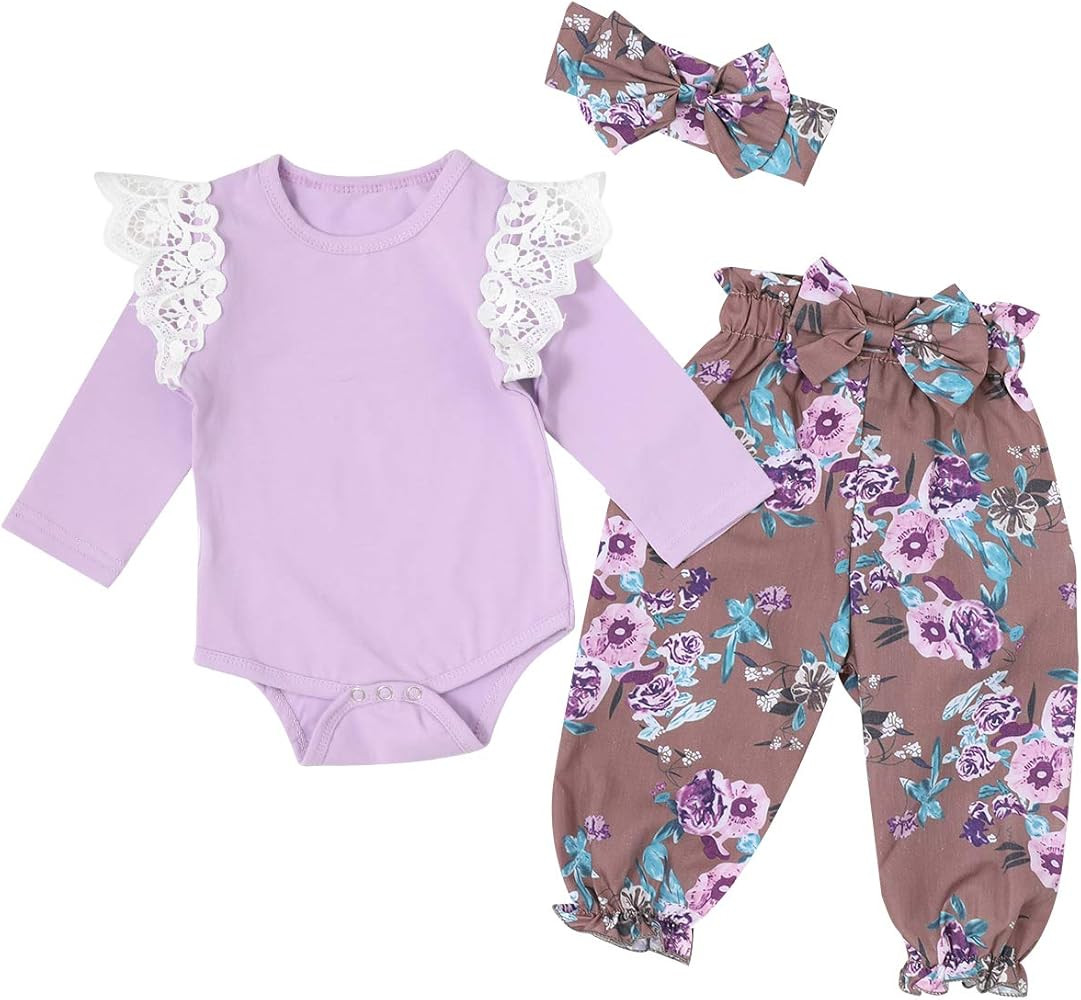 Toddler Newborn Baby Girls Long Sleeve Bodysuit Romper Floral Pants Hats Outfits Set | Amazon (US)