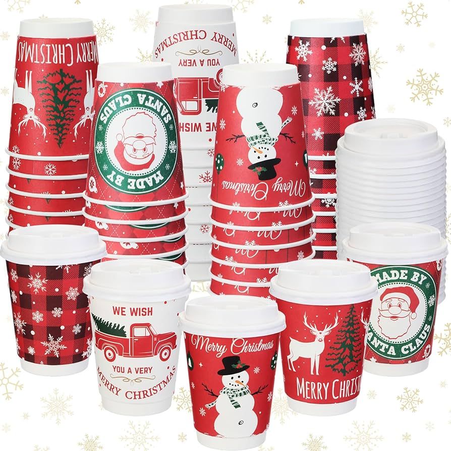 Umigy 100 Pack 12oz Christmas Day Paper Cups with Lids Xmas Disposable Paper Cups Hot Cocoa Party... | Amazon (US)