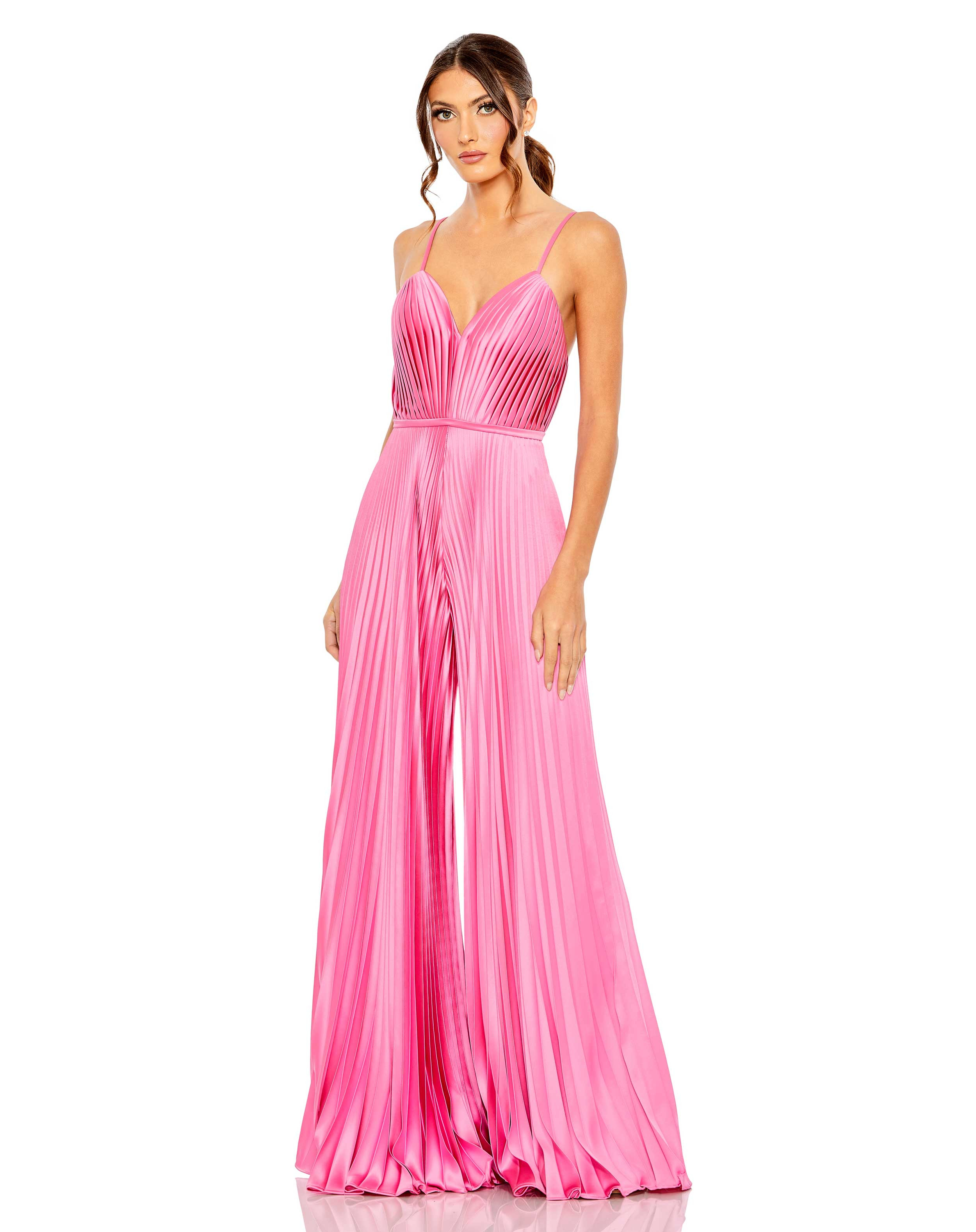Pleated Plunge Neck Wide Leg Jumpsuit | Mac Duggal