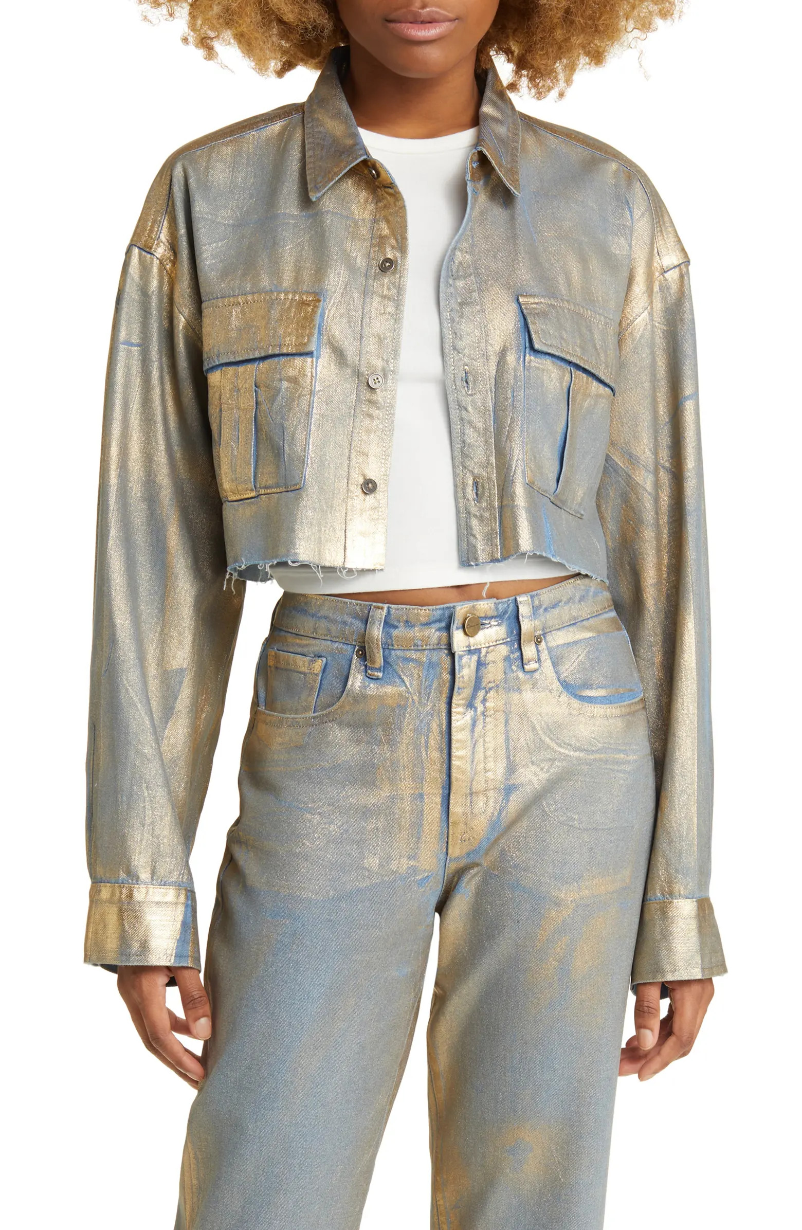 Aliya Metallic Crop Denim Jacket | Nordstrom