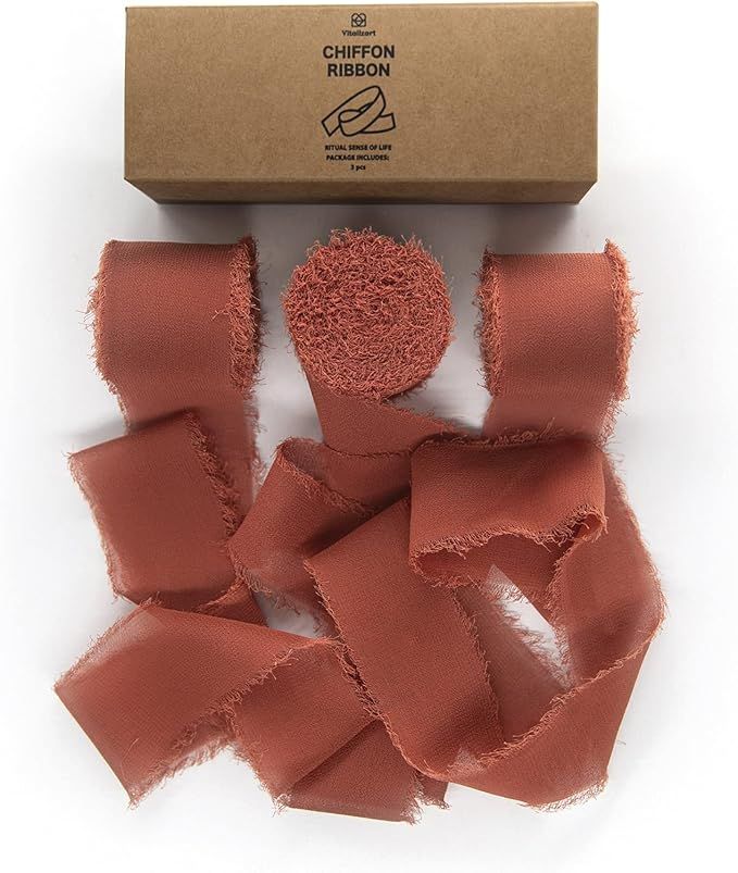 Vitalizart 3 Rolls Handmade Fringe Chiffon Silk Ribbon 1.5" x 7Yd Rust Red Ribbons Set for Weddin... | Amazon (US)
