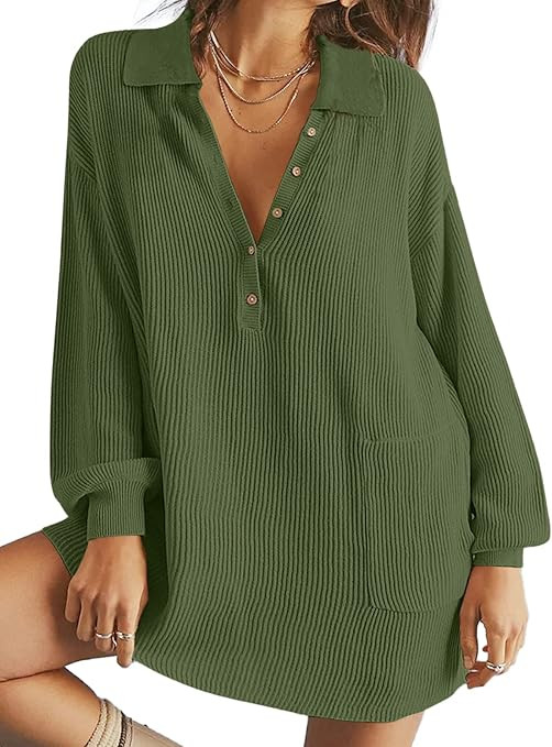 DEEP SELF Women's V Neck Oversized Mini Sweater Dress Long Lantern Sleeve Knit Ribbed Button Casu... | Amazon (US)