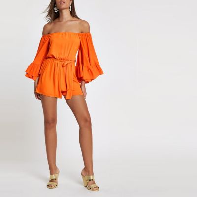 Orange bardot frill sleeve romper | River Island (UK & IE)