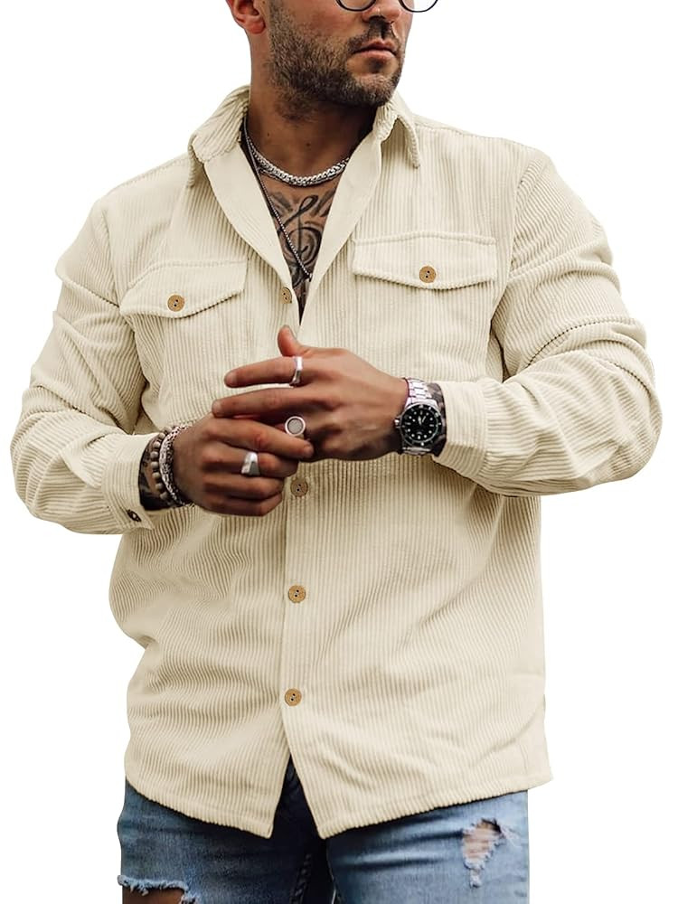 Mens Corduroy Button Down Shirt Jackets Long Sleeve Retro Shirt Outerwear Casual Ribbed Work Tops... | Amazon (US)