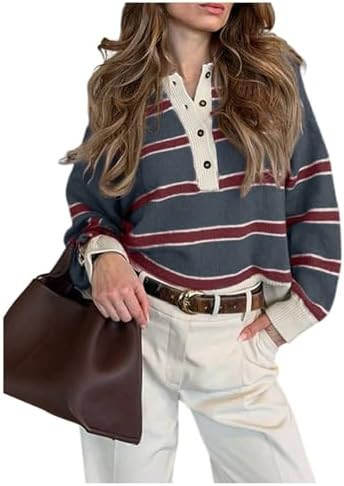 MakeMeChic Women's Striped Rugby Shirt Button Down Long Sleeve Preppy Sweater Knit Winter Pullove... | Amazon (US)