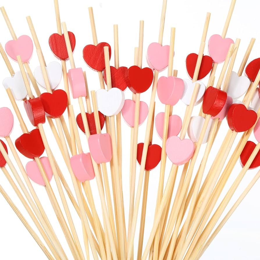 300 Counts Toothpicks for Appetizers Bamboo Cocktail Picks Heart Shaped Food Picks Red Pink White... | Amazon (US)