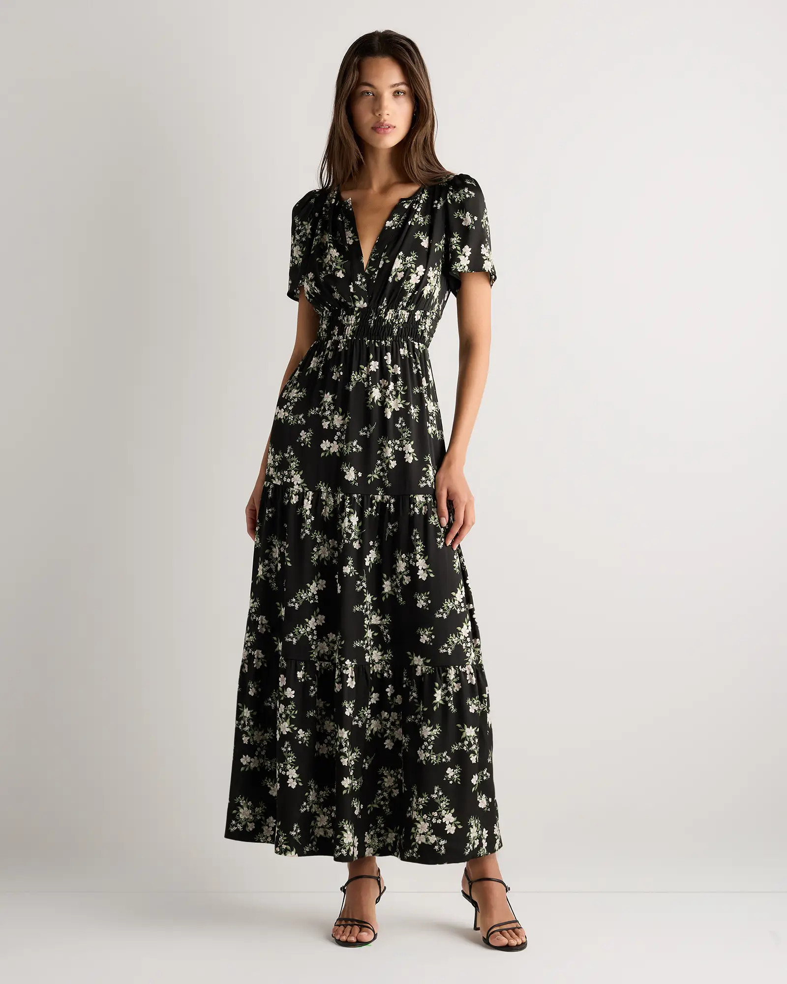 Washable Stretch Silk Tiered Maxi Dress in Black Vintage Pink Petite Floral | Quince