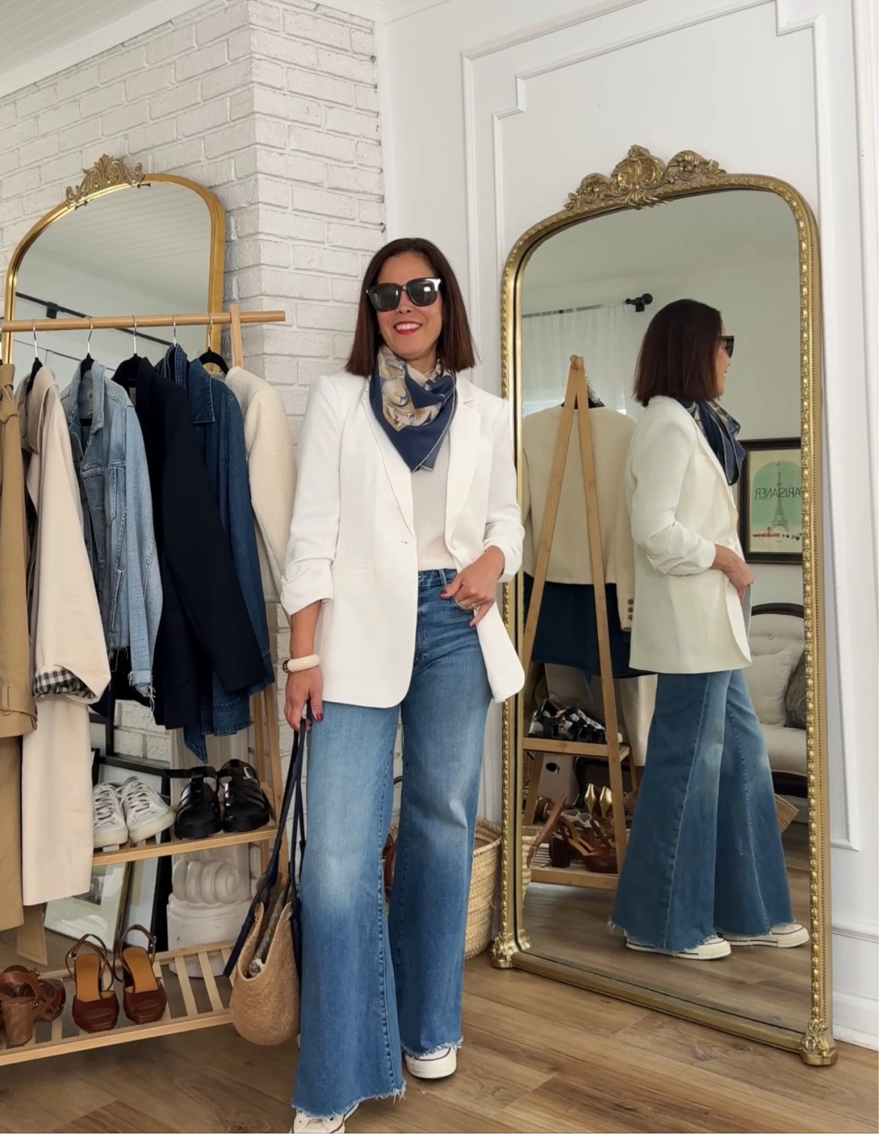 Paris Jacket Outfit
Travel Outfit
Cinq a Sept Blazer/wearing size 6
Mother Roller Denim/TTS
Cuyana Silk Cami/small
Converse Parchment High Tops/soze 1/2 down 
Sèzane Basket Bag 
Linking similar scarves 

#LTKSeasonal #LTKtravel #LTKover40