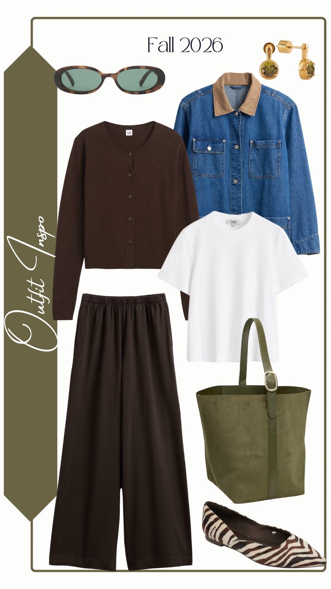 Outfit Inspo
Fall 2026 

White Tee: COS (Clean Cut Tee)
Brown Cropped Crewneck Cardigan: GAP Factory
Denim Barn Jacket & Brown Wide Leg Pants: GAP
Tortoise Oval Sunglasses: Le Specs (Outta Love Sunglasses)
Green Tote Bag: Old Navy
Brown Velvet Flats: Target (Serena Velvet Flats)
Peridot Gold Earrings: Join Jewelry (Clement Earrings)

#LTKootd #LTKSeasonal #LTKOver40