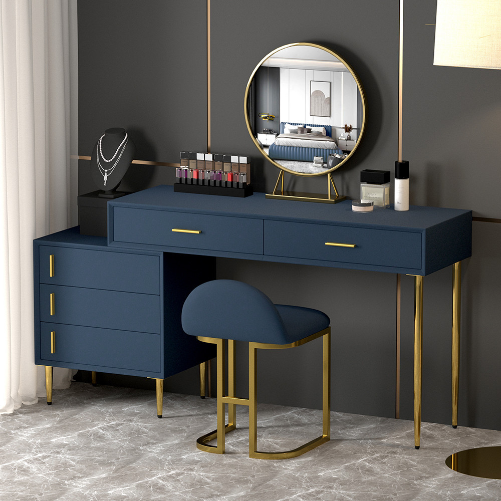 Modern Blue Makeup Vanity Set Retracted Dressing Table Cabinet&Stool&Mirror Included | Homary