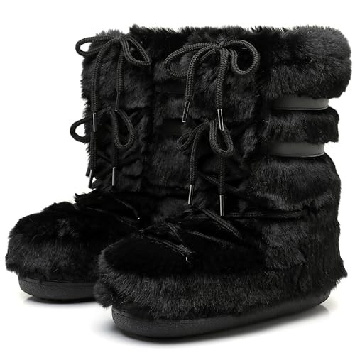 ZHENAIYISHENG Fur Boots for Women, Furry Faux Fur Fuzzy Fluffy Women Snow Boots with Fur Lined Black White Pink Mid-Calf Winter Boots (black, 4, 5) | Amazon (US)