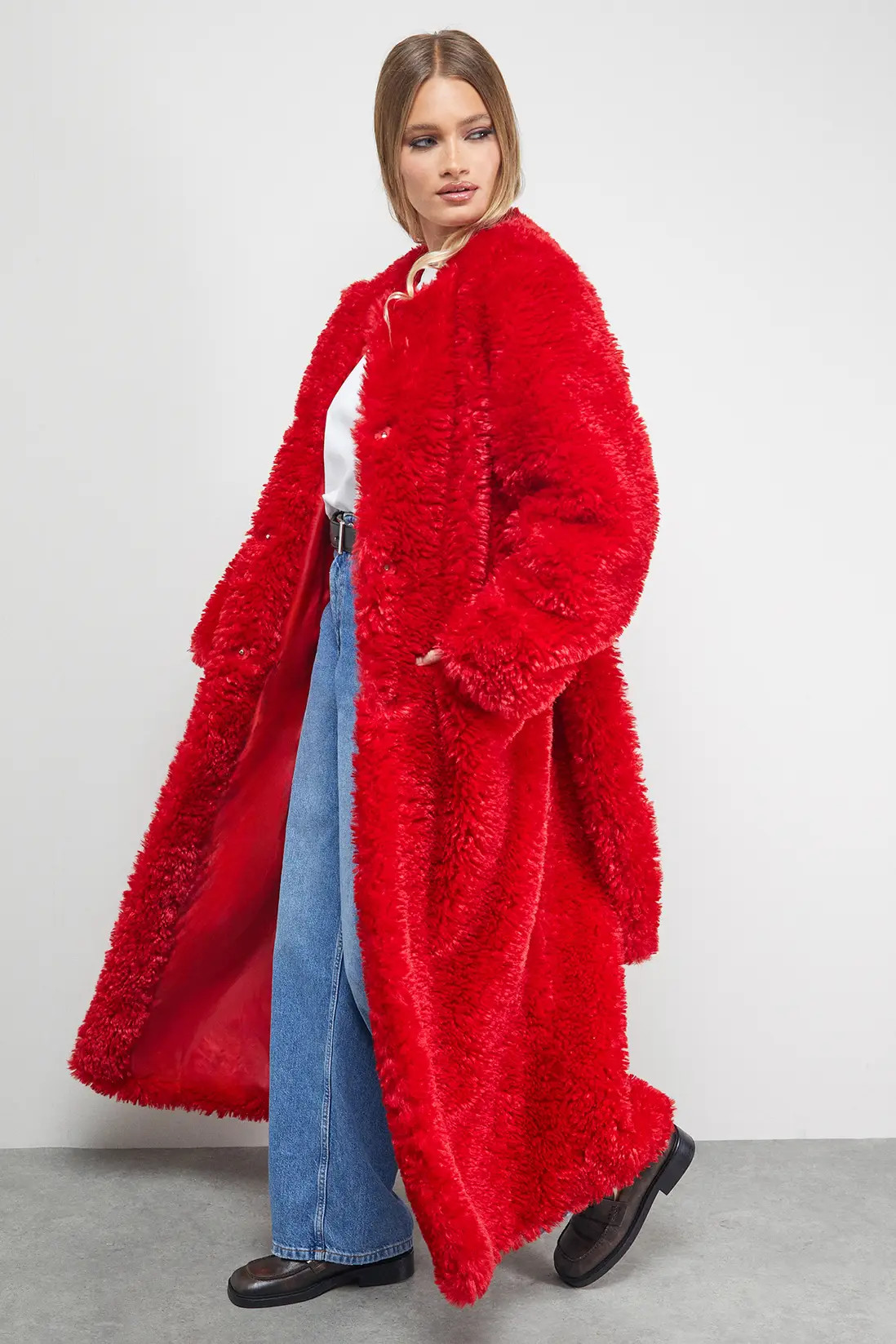 Red Maxi Belted Fur Coat | boohoo (US & Canada)
