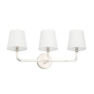 Dawson 25.5 in. W x 12 in. H x 7 in. E 3-Light Polished Nickel Vanity Light with White Fabric Shades | The Home Depot