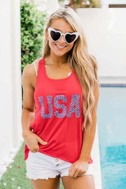Animal Print USA Graphic Tank Red | The Pink Lily Boutique