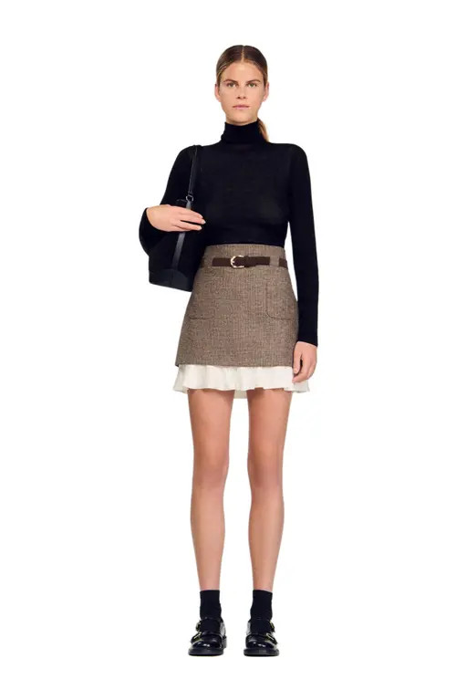 SANDRO Short skirt with frill and belt in Brown at Nordstrom, Size 36 Eu | Nordstrom