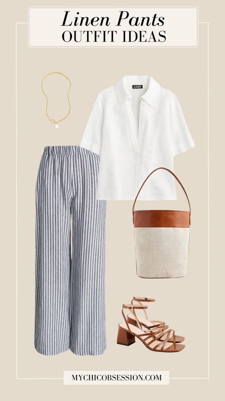 Chic summer outfit with linen pants: A popover blouse from J.Crew, striped linen pants, a canvas and leather tote, strappy heels, and a pearl necklace.

#LTKStyleTip #LTKSeasonal
