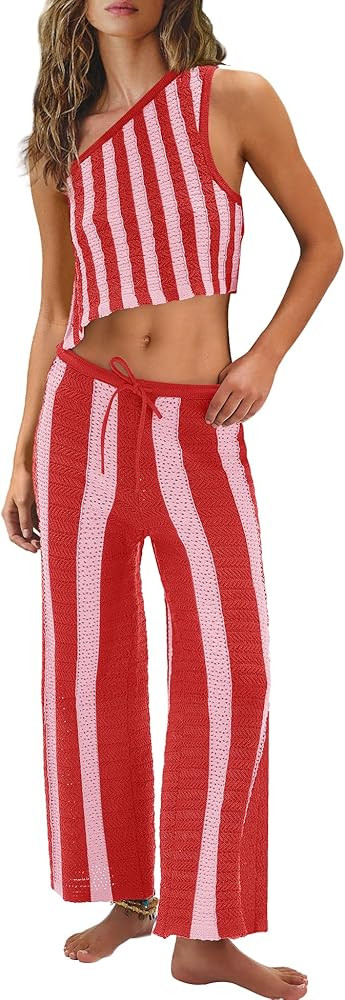 LAMISSCHE Striped Womens Sets 2 Piece Outfits Summer Matching Sets Sexy Beach Crochet Crop Tank T... | Amazon (US)