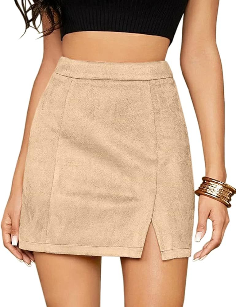 ioiom Women's Faux Suede High Waist A-line Split Mini Skirt | Amazon (US)