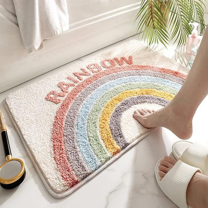 Rainbow Flocking Bath Mat, Akegna Bathroom Rug Water Absorbent Non-Slip Soft Microfiber Carpet Ma... | Amazon (US)