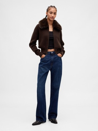 CashSoft Faux-Fur Collar Zip Cardigan Sweater | Gap (CA)