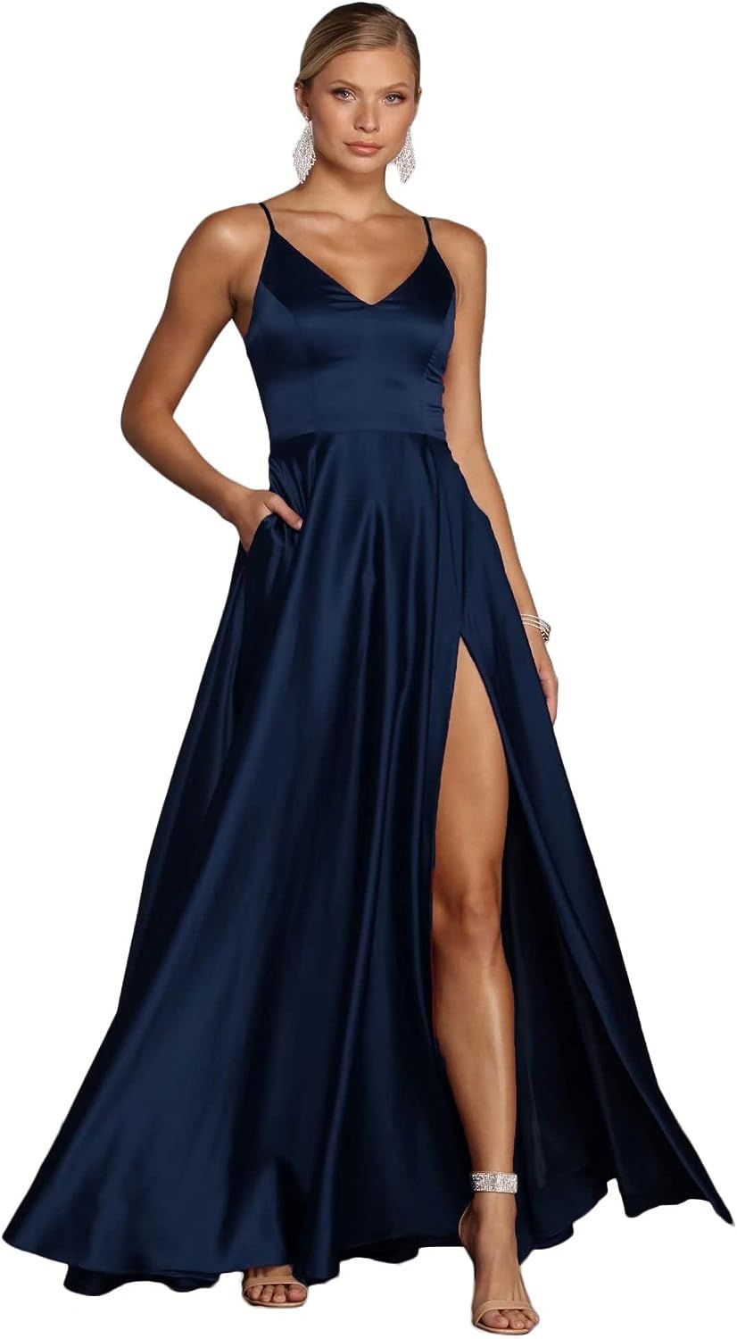 SMORBRID Women's Spaghetti Strap Prom Dresses Long with Pockets Satin Formal Evening Party Gowns ... | Amazon (US)