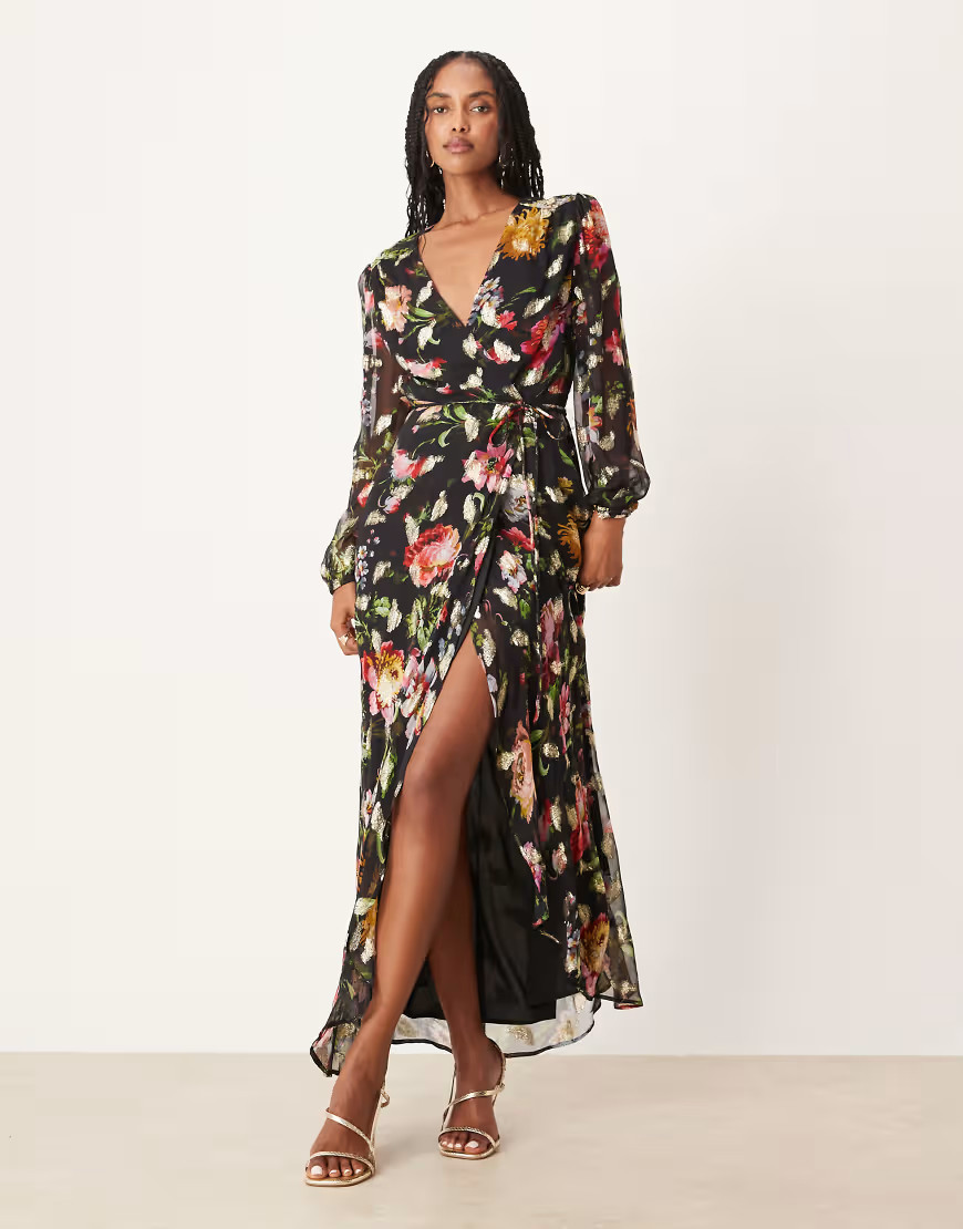 Hope & Ivy wrap front maxi dress in black floral with gold fleck | ASOS (Global)