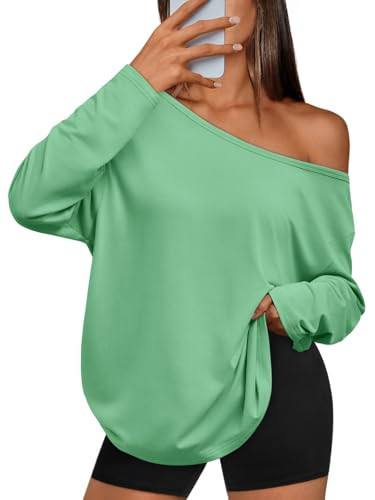 Trendy Queen Womens Off The Shoulder Tops Oversized Tshirts Long Sleeve 2026 Casual Basic Tees Green 2XL | Amazon (US)
