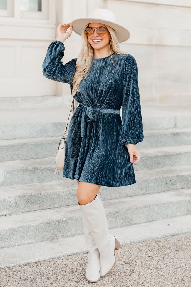 In Due Time Slate Blue Textured Velvet Belted Mini Dress | Pink Lily