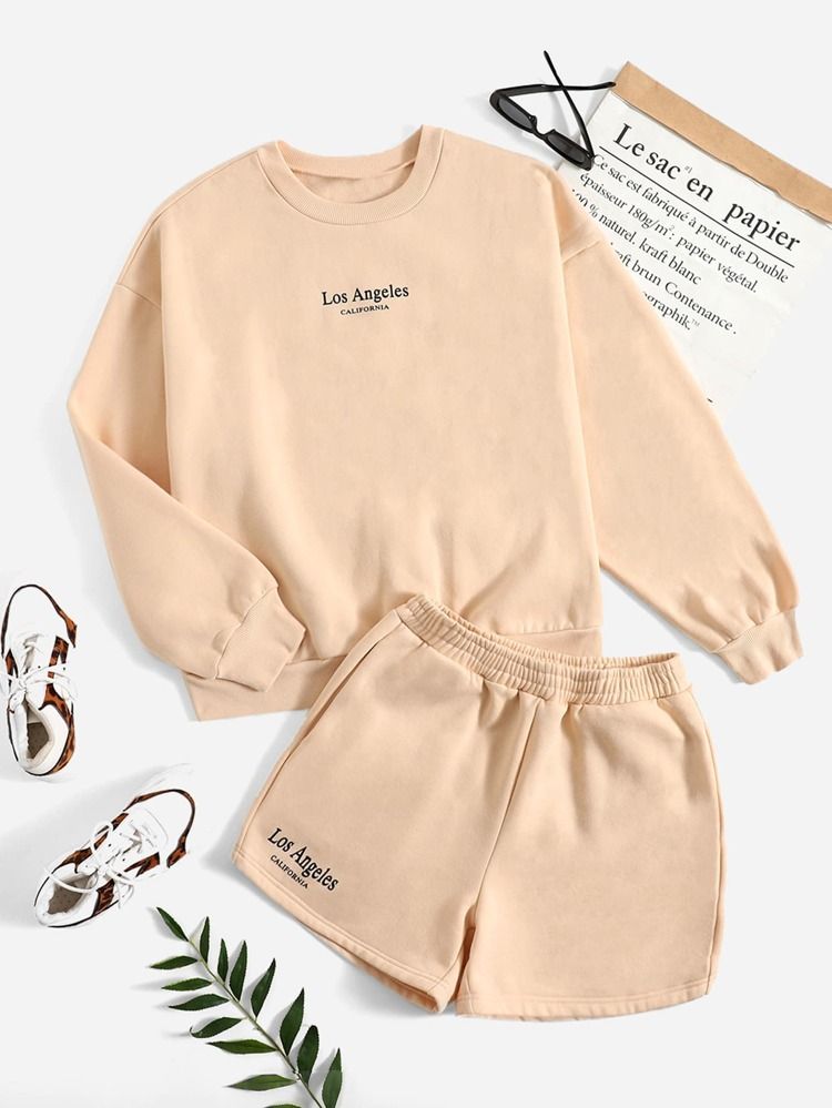 SHEIN Letter Graphic Drop Shoulder Pullover & Shorts | SHEIN