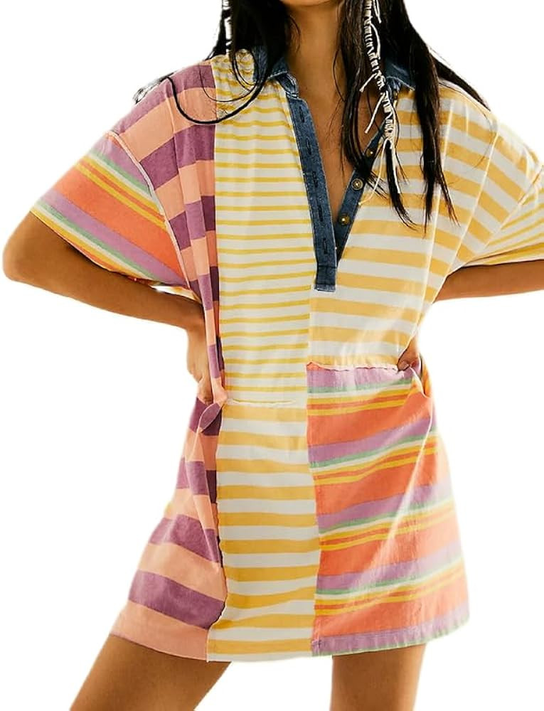 NUFIWI Y2K Striped Shirt Mini Dress for Women Oversized Stripe Tunic Tshirt Dresses Short Sleeve ... | Amazon (US)